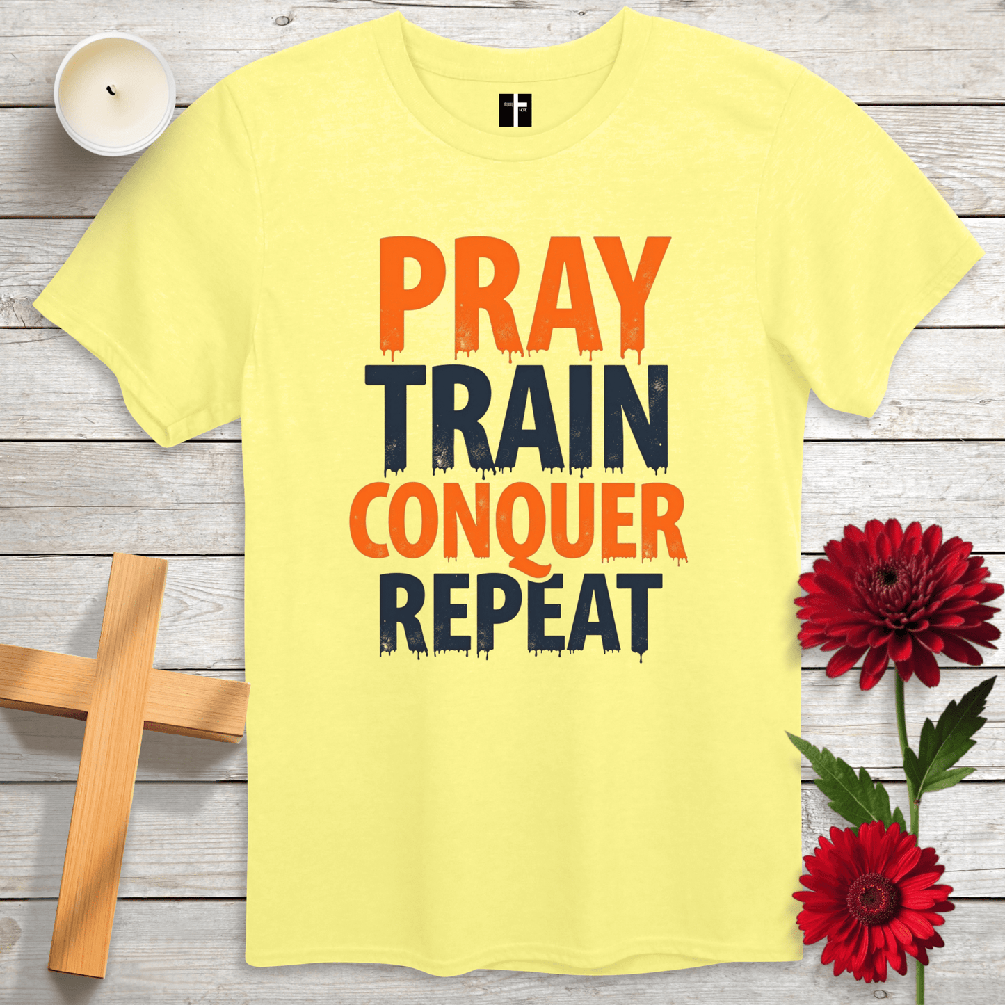 T-Shirt Cornsilk / S Pray, Train, Conquer, Repeat Unisex Christian T-Shirt