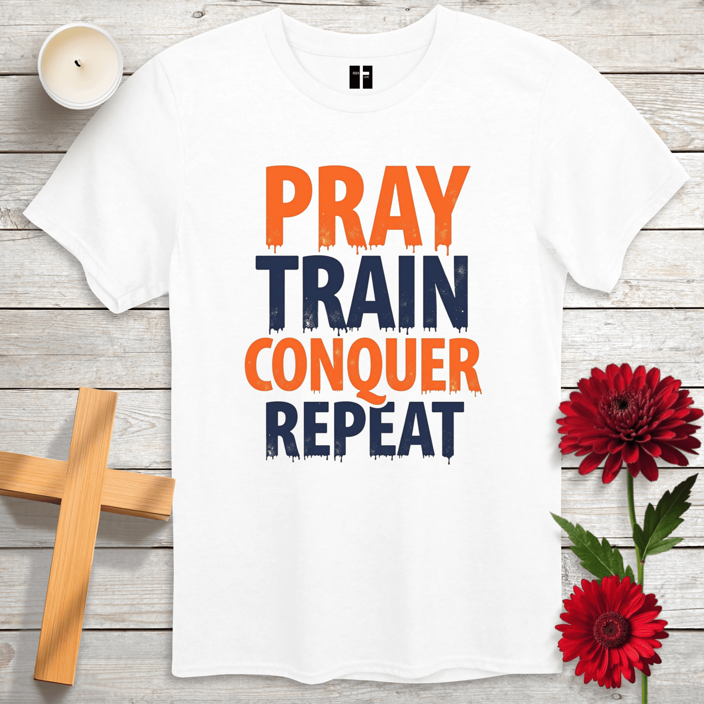 T-Shirt White / S Pray, Train, Conquer, Repeat Unisex Christian T-Shirt